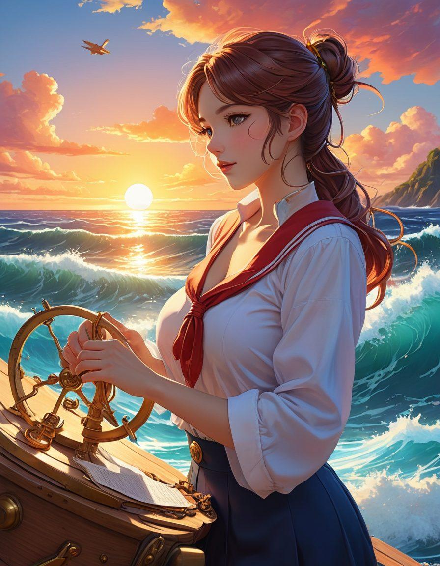 A whimsical ocean scene with a daring sailor navigating through waves made of colorful adult anime and hentai characters, showcasing a variety of styles and expressions. Lit with a seductive sunset glow, the sailor holds a treasure map that hints at hidden gems and downloads. Nautical elements intertwine with playful anime motifs, inviting adventure. Art style: vibrant colors, semi-realistic, dynamic composition.