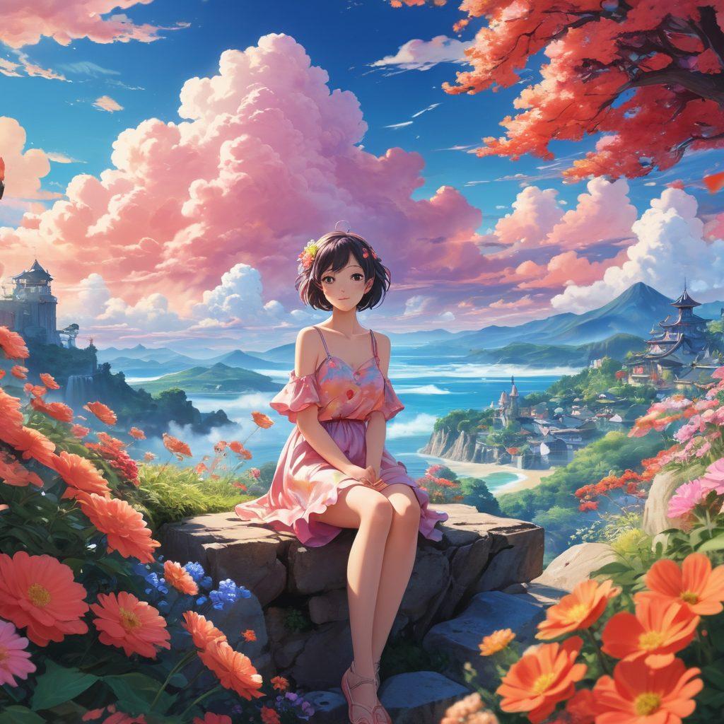 A whimsical and colorful depiction of an adult anime character lounging in a dreamlike fantasy world, surrounded by vibrant, surreal landscapes filled with exaggerated manga-style elements. The character has an inviting expression, showcasing elements of both joy and sensuality, with soft, whimsical lighting that creates an ethereal atmosphere. Incorporate playful elements from the anime genre, like oversized flowers and stylized clouds in the background. cartoonish style. vibrant colors. dreamy ambiance.
